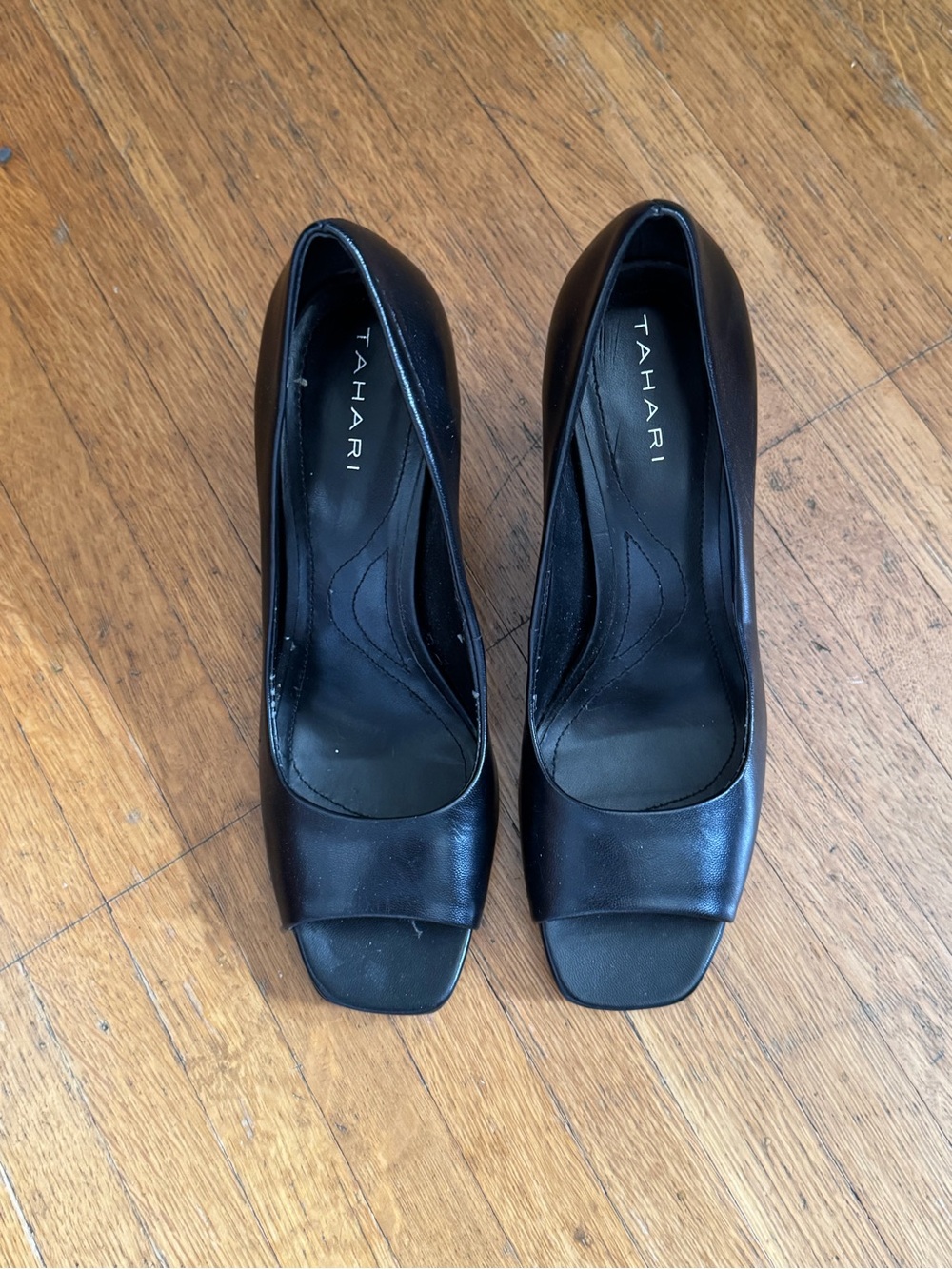 Tahari Black Open-Toe Square-Toe Leather Heels